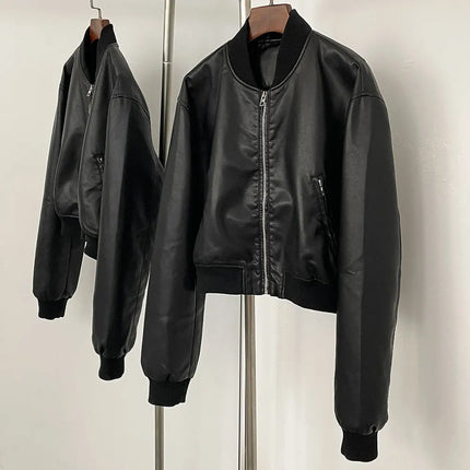 Autumn and winter new leather solid color short coat retro style short zipper cardigan casual all match leather jacket female