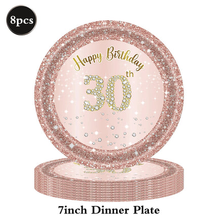 30th Birthday Party Supplies Plates Napkins Cups Tablecloth Rose Gold Number 30 Balloon Women Her Happy 30th Birthday Decoration