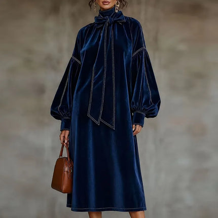 Women Solid Velvet Maxi Dress Bow Tie High Neck Lantern Long Sleeve Loose Dress Elegant Fall Winter Office Evening Party Dresses