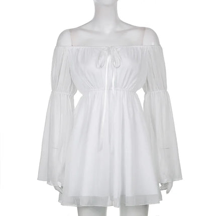 Womens Puff Sleeve Off Shoulder Dresses Lace Up Swing Dress Ruffle Mesh Party Mini Dress and Body Shaper Bustier Corset