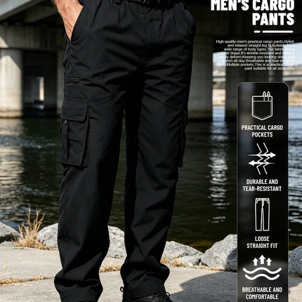 Men's Outdoor Multi-Functional Work Pants with an Elastic Waistband and Multiple Pockets—Lightweight and Breathable, Suitable for Camping, Travel, and Gear Carrying. The Loose, Straight-Leg Fit Is Suitable for Both Outdoor