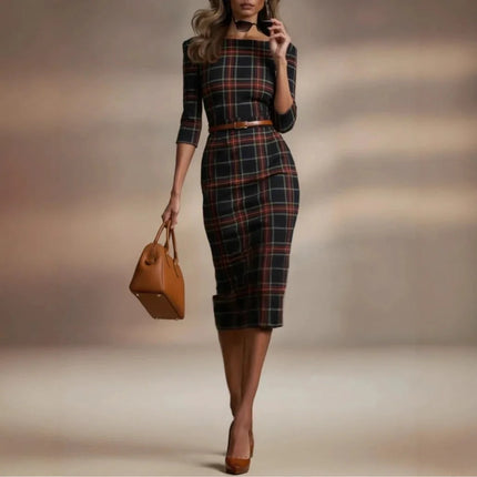 Classic Plaid Seven-Quarter Sleeve Boat Neckbodycon Dress Elegant Style Mid-Waist Long Skirt Polyester Fabric for Date