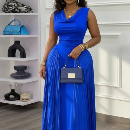 Women Sleeveless Cowl Neck Pleated Maxi Dress For Formal Evening Wedding Guest Prom And Banquet Occasion