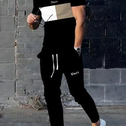 Men's 2025 Summer Splicing Letter 3D Printed Pattern Breathable Quick Drying Top Trendy Soft Top Street Round Neck T-shirt Set