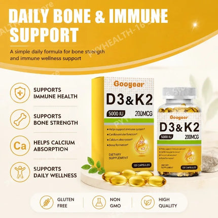 Googeer Vitamin D3 & K2 Capsules with Immune System Support and Bone Formation Support for Calcium Absorption, 120 Capsules