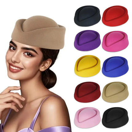 New British Retro Top Hats Formal Concave Top Felt Beret Solid Flight Attendant Hat Women Headwear