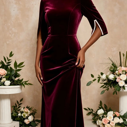 Women Burgundy Velvet Midi Dress Round Neck Pearl Split 3/4 Sleeve Bodycon Pencil Dress Elegant Wedding Guest Evening Party Formal Dresses