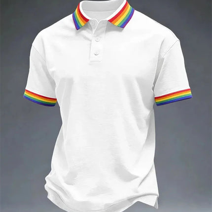 Men's Solid-Color Summer Casual Breathable Polo Shirt Rainbow Collar Fashion Polo Shirt Men's Striped Short-Sleeve Shirt