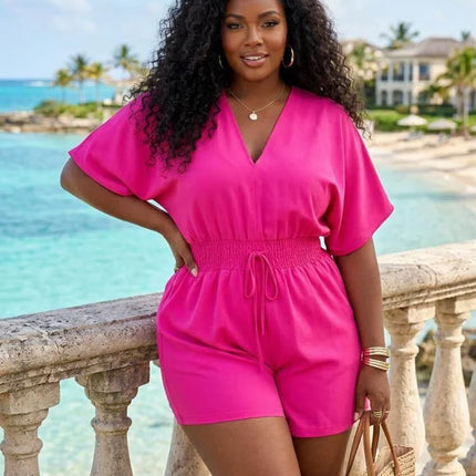 Plus Size V Neck Short Sleeve Jumpsuit For Women Elastic Waist Daily Holiday Street Going Out Casual Romper