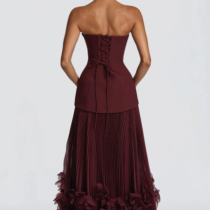 Contessa Custom Burgundy Strapless Evening Dress Corset Pleated Prom Dresses Chiffon Vestidos De Noche Formal Evening