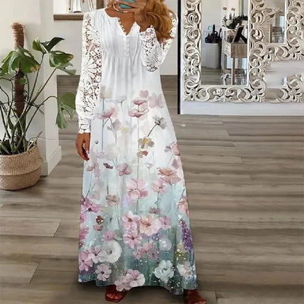 Spring/Summer Fashion Women's Long Sleeve Printed Lace Dresses Elegant Woman White V-neck Slim Fit Party Long Maxi Vestidos 3XL