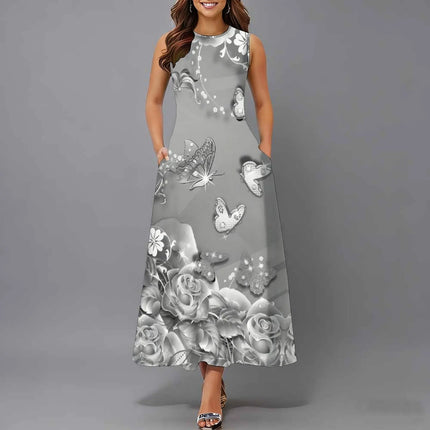 Women Sleeveless Long Maxi Dress With Pockets 3D Oil Painting Print Casual Loose Summer Vacation Party Sundress