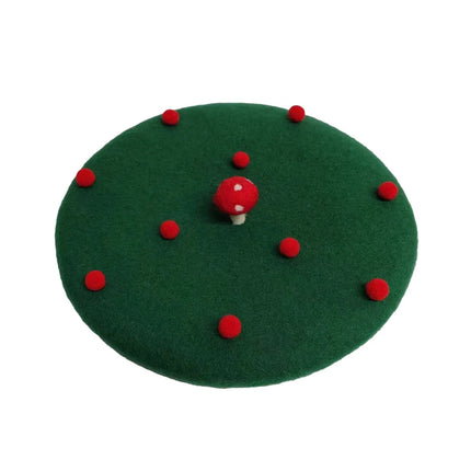 RH Ladies Cute Mushrooms Red Handmade Wool Felt Beret Creative Painter Hat Girls Birthday Gift Warm Cap For Autumn Winter