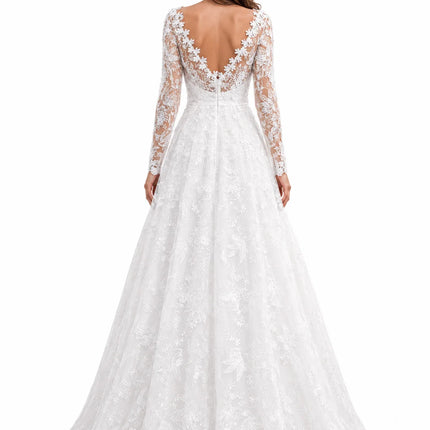 Elegant Lace Appliqué A-Line Wedding Dress for Women Long Sleeve Illusion V Neck Tulle Ball Gown with Pockets Floor Length Formal Evening Prom Dress
