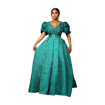 Women V Neck Puff Sleeve Maxi Dress Belted Waist A Line Ball Gown Dress For Formal Evening Party Occasion