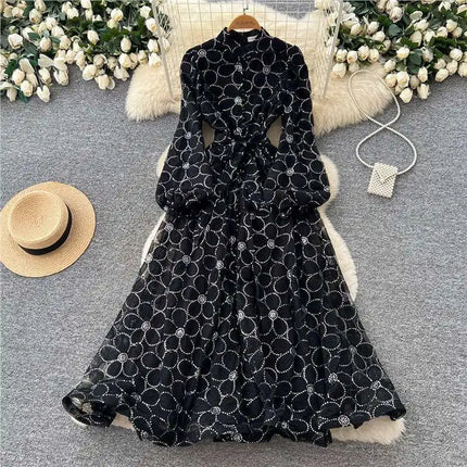 2026 Spring Autumn French High-end Women's Dress New Lace Embroidery Stand Lantern Sleeves Single Breasted Party Birthday Dress