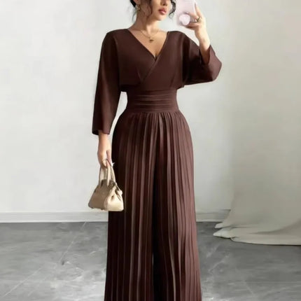 Women Spring Sexy Deep V-neck High-waisted Pleated Jumpsuit Fashion Solid Backless Slim Elegant Office Lady Wide-leg Jumpsuits