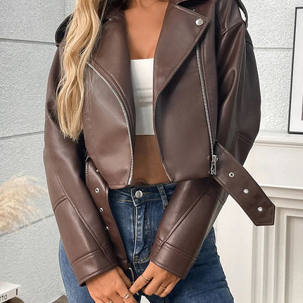 Ailegogo Spring Autumn Women Faux Pu Leather Short Jacket with Belt Motorcycle Biker Female Zipper Lapel Loose Coat Outwear