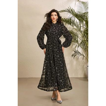 2026 Spring Autumn French High-end Women's Dress New Lace Embroidery Stand Lantern Sleeves Single Breasted Party Birthday Dress