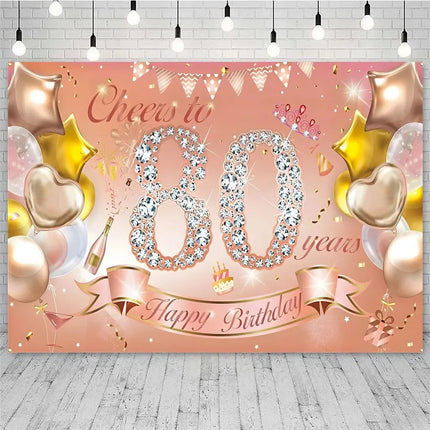 Rose Gold 80s Themed Banner Photography Background Cloth, Pink 80th Birthday Happy Party Decoration Photography Studio Backdrop
