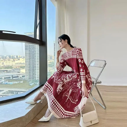 Beautiful Womens Dresses Spring New Printed Loose Folding Dress with Round Neck and Long Sleeve Fashion Temperament Long Dresses