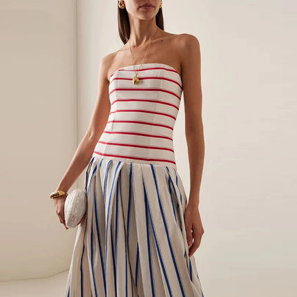 Fashion Contrast Color Stripe Printed Dress Elegant Off Shoulder Sleeveless Vacation Dress Summer Tube Tops Pleated A-line Dress