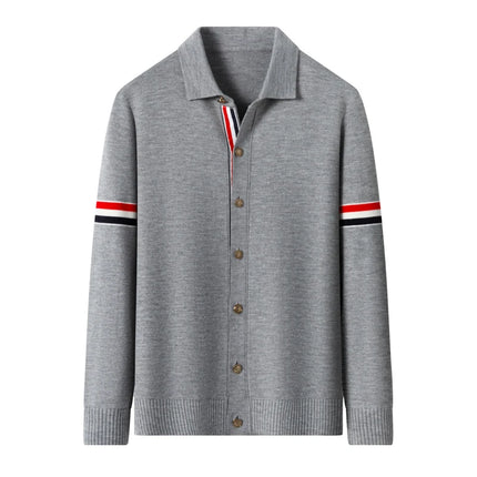 High Quality Autumn Winter Mens Long-Sleeved Knitted Sweater Lapel Button Classic Stripe Snug Keep Warm British Style Men's Tops