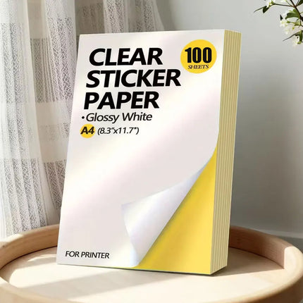 100 Sheets of A4 Glossy Self-Adhesive Stickers, Compatible with Inkjet and Laser Printers, Self-Adhesive, Durable and Waterproof