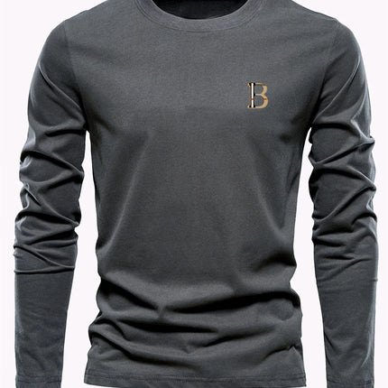 Men's 100% pure cotton loose and fashionable letter pattern printed sports and leisure round neck long sleeved T-shirt