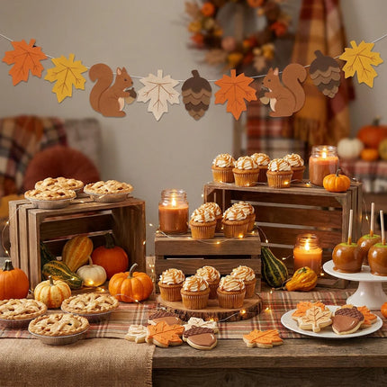 Fall Felt Pumpkin Pinecone Maple Leaf Garland Autumn Harvest Banner for Fireplace Mantel, Thanksgiving Home Decoration Halloween
