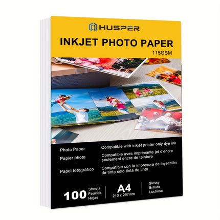 HUSPER A4 100 Sheets 115GSM Size (210×297mm) for Printer Picture Printer Paper Glossy White Photo Quality Printer Paper