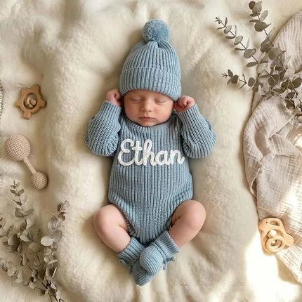 Custom Name Baby Knitted Romper Cotton Warm Long Sleeve Bodysuit Personalized Newborn Outfit Autumn Infant Jumpsuit Clothes Sets