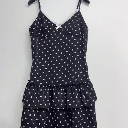 Y2K Summer Women Fashion Black V-neck Lace Trim Sweet Polka Dot Dress 2000s Elegant Spaghetti Strap Bodycon Mini Dresses Clothes