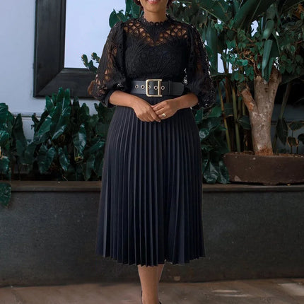 African luxury fashion plus lace hook flower sexy hollow out pleated European and American comfortable dress formal dress