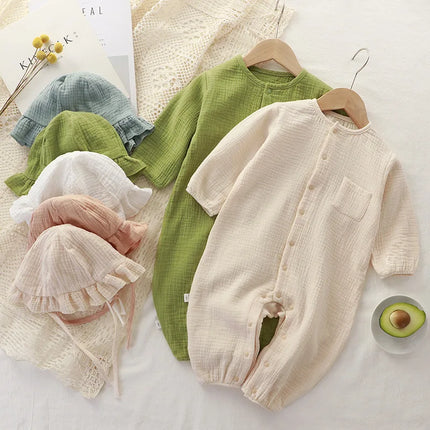 Muslin Baby Jumpsuit Hat Long Sleeve Cotton Toddler Romper for Boys Girls Solid Color Spring Autumn Baby Clothes Newborn Onesie