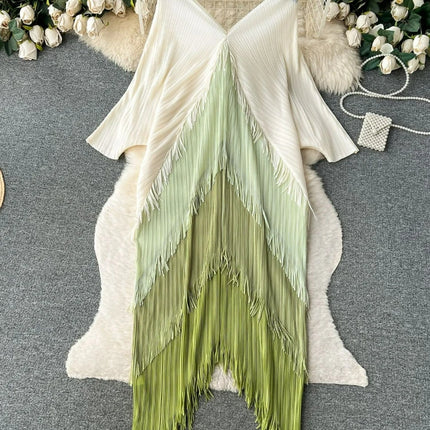 Miyake Tassel Patchwok Color Block Dress for Women Pleated Batwing Sleeve Mid-calf Dresses Fashion Female 2025 Summer