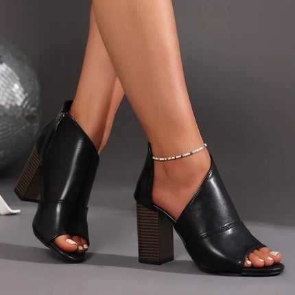 Women's Round Toe Open Toe Zipper Non-Slip Wear-Resistant Sandals Block Heel Side Empty Heels