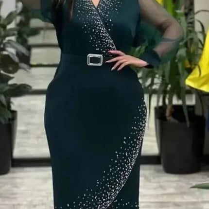AOMEI Luxury Evening Dress V-neck Bead Belt Mesh Lantern Long Sleeve Sexy Women's Party Classy Office Ladies Wedding Guest Gowns