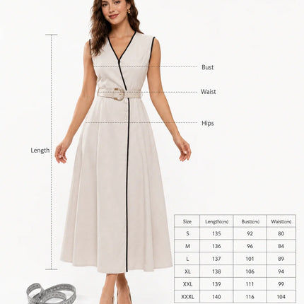 Contrast Piping Belted Wrap Midi Dress for Women, Sleeveless V‑Neck Button Detail A‑Line Linen Blend Dress for Office Business Casual Summer Wear