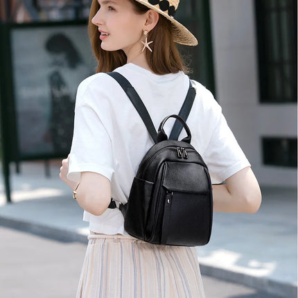 Women Black Genuine Cowhide Leather Backpack Anti Theft Hidden Zipper Casual Shoulder Bag with Front Pocket for Daily