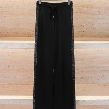 Autumn and Winter New Fashionable Double-Sided Rhinestone Striped Elastic Waist Black Long Casual Pants for Women