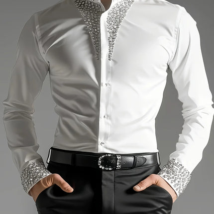 Luxury Rhinestone Shirt for Men Mandarin Stand Collar Crystal Embellished Cuff Long Sleeve Slim Fit Party Wedding Formal Blouse