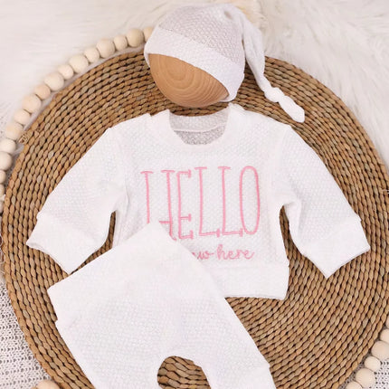 Ylsteed "Hello" Embroidery Newborn Photography Props Infant Romper Jumpsuit with Bow Hat Baby Coming Home Outfit Baby Photo Gift