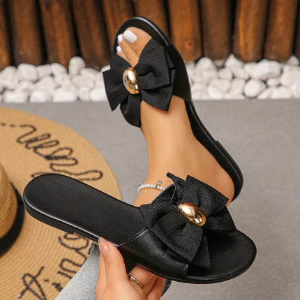 Women Summer Hot Selling Round Toe Comfortable Flat Slippers Fashionable Style Anti Slip Female Shoes Bow Decor Casual Sandals