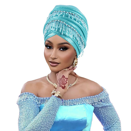 Fashion Turban Cap for Women African Lady Head Wraps with Beading Tassels Nigeria Weding Party Hat Headwear