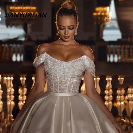 Customized Off the Shoulder Wedding Dresses Sexy Sequins Beads Princess Women's Bride Gowns Satin Vestido De Noiva Robe платье