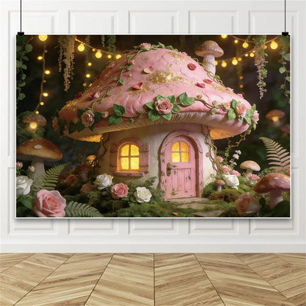 Pink Mushroom House Backdrop Enchanted Fairy Forest Floral Photography Background for Girls Birthday Baby Shower Party Decor