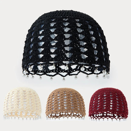 Korean Style Handmade Crochet Hat Women Summer Hollow Pearl Knitted Hat Fashion Mesh Hat Pullover Hat Cute And Sweet Beanie Hat