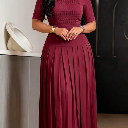 Mlaiscsr Women's Elegant Pleated Maxi Dress Burgundy O Neck Half Sleeve Fold Flowy A-Line Skirt for Church Weddings Formal Event