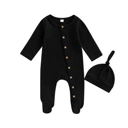 Baby Boys s Girl s Romper Set Round Neck Long Sleeve Button-Down Ribbed Feet Wrap Jumpsuit Hat